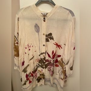 Citron Santa Monica embossed silk long sleeve button-down top w/flowers/birds.